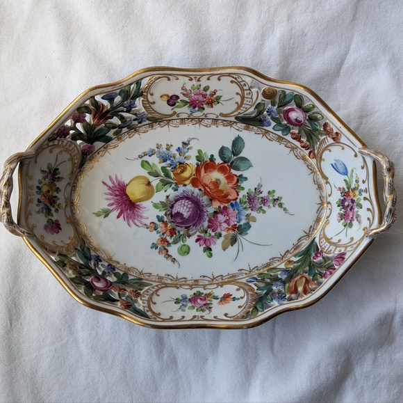 Potscappel Dresden Other - Dresden Potscappel Carl Thieme Pierced Floral Gold Handled Serving Bowl Damaged